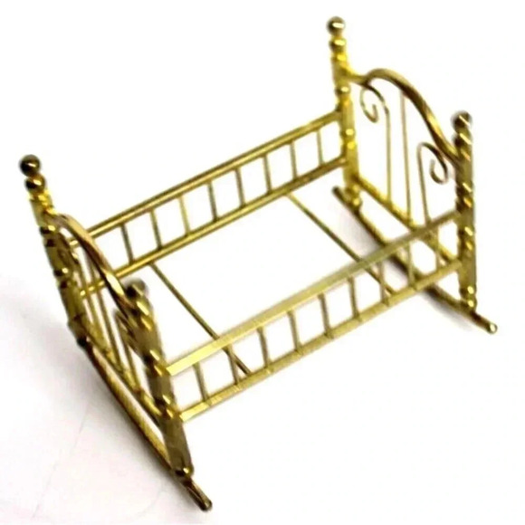 Vintage Antique Miniature Dollhouse Gold Brass Tone Metal Rocking Cradle Crib - Picture 1 of 1